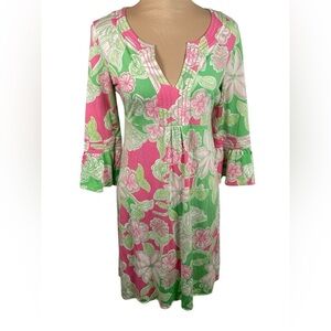 LILLY PULITZER PINK Green white silk knit FLORAL Caftan TUNIC DRESS Medium